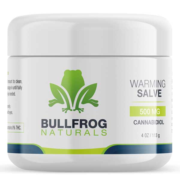 Buy Bullfrog CBD Warming Salve On Line - 500 mg of CBD. Relax your body with this all-purpose powerful CDB healing salve that leaves your skin feeling smooth and restored. Infused with Organically Grown USA Hemp. Our proprietary True Full Spectrum CBD oil and rich w